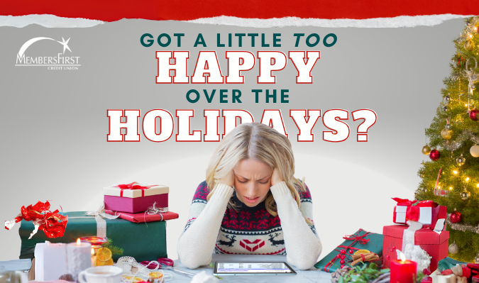 Blonde woman wearing a Christmas sweater staring down at credit card statement on tablet surrounded by presents and wrapping paper.